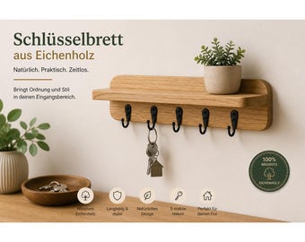 Key rack in oak with rounded corners | Solid wood hook rail | Wall organizer | Handmade