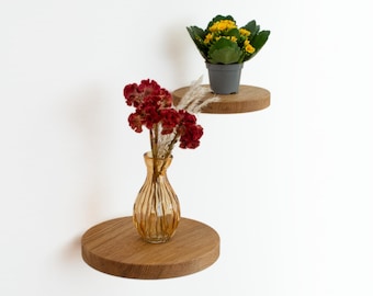 Floating round shelf, wall plant holder, hanging planter oak wood shelf