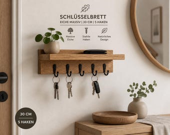 Oak key rack | with shelf & 3-7 hooks | Solid wood key rail, oiled | Modern hallway wardrobe | Handmade