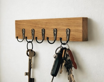 Oak key rack with black hooks