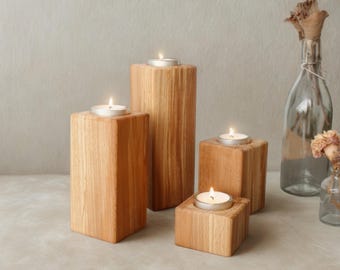 Handmade solid oak tealight holders | Set of 4 modern candlesticks | Minimalist wooden decoration | Gift