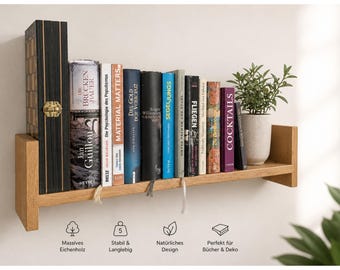 Oak wall shelf | Solid wood bookcase, oiled finish | Floating wall shelf | Scandinavian living room decor | Handmade
