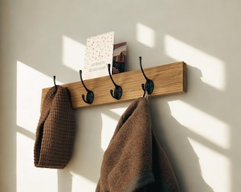 Solid oak coat rack with letter slot | Handmade wall-mounted coat rack | Postcard holder for hallway | Black hooks, housewarming gift