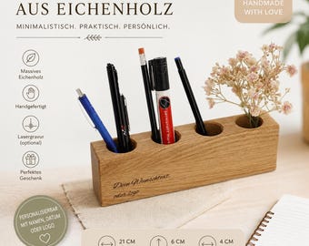 Oak wood pen holder – customizable with engraving | Wooden pen organizer | Gift for office decor
