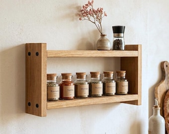 Solid oak spice rack, 30-50 cm | 2-tier wall shelf for kitchen | Handmade spice rack | Scandinavian kitchen decor | Housewarming gift