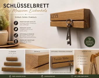 Oak key rack with slot | Solid wood, personalized with engraving | Housewarming gift | Handmade