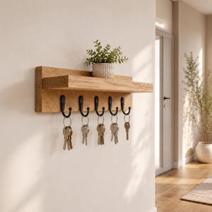 Eikenhouten sleutelrek | met plank en 3-7 haken | Massief houten sleutelrek, geolied | Moderne halgarderobe | Handgemaakt