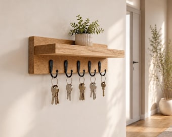 Oak key rack | with shelf & 3-7 hooks | Solid wood key rail, oiled | Modern hallway wardrobe | Handmade