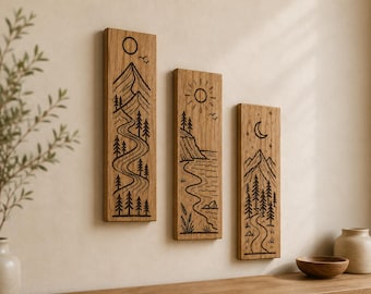 Solid Oak Wood Wall Art, Set of 3 | Mountains, Sea, Moon | Laser Engraved Wall Decor | Minimalist, Handmade | Made in Germany