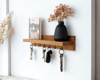 Sleutelrek van massief eikenhout met plank | Handgemaakt, aanpasbaar | Sleutelhouder voor de hal | Cadeau voor een housewarming | HlzLaden