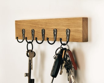 Oak key rack with black hooks
