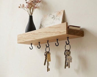 Tavero Solid Oak Key Rack with Shelf | Handmade Scandinavian Style | Hallway Key Rack with Hooks | Housewarming Gift | HlzLaden