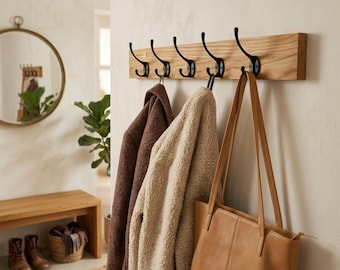 Solid oak wall-mounted coat rack | Handmade black metal hooks | Modern hallway coat rack | Housewarming gift hook rack | HlzLaden