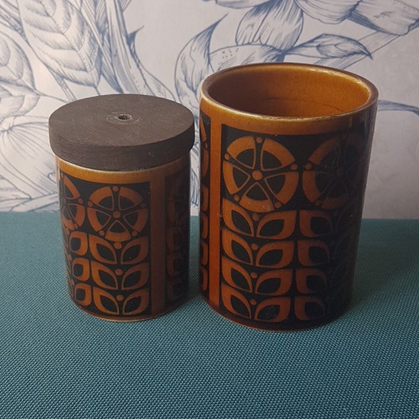 Vintage Hornsea  Storage Pots and one Salt-Rare Gourmet 66 design- Orange and black - Light Teak lid-8cms and 7cms tall