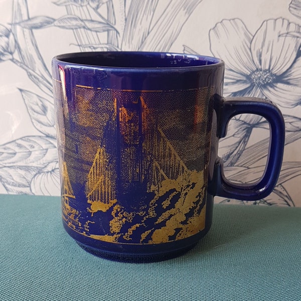 Vintage Hornsea Pottery Limited Edition Mug - Humber bridge opening 1981-Dark blue and gold decoration-9cms tall