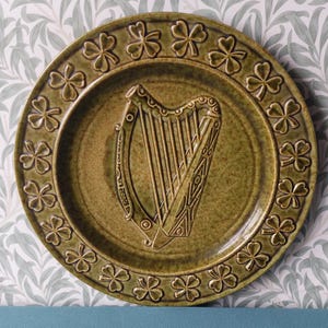 Studio pottery Wall Irish Plate - Shamrocks and Irish Harp- 24.5cms diameter.