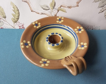 Vintage Aysgarth Pottery Candlestick/Chamberstick- Vintage Studio Pottery 1980s-Vintage Slipware-Diameter 16.5cms-Collectable Kitchenalia