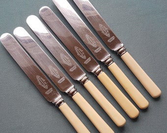 Set of Six vintage good quality Sheffield Dining Cutlery-Round ended-Firth Brearley Stainless Steel-Faux bone handle -24cms long