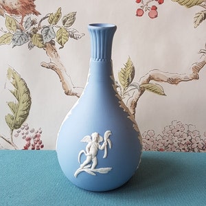 Vintage Wedgwood blue Jasperware urn shaped  Vase- 9cms tall - Classical scenes and trees-Made in England.