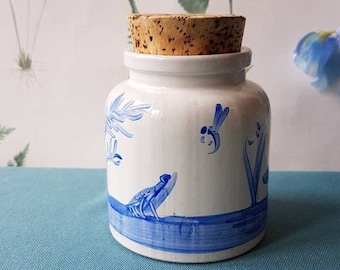 Vintage 1960's MKM German White Stoneware storage jar - Hand Decorated with Pond scene ,Frogs and Birds-9.5cms tall,8cms dia.
