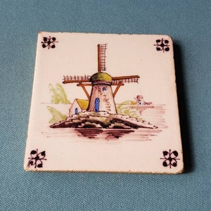 Vintage hand painted Dutch Tile-Windmill in Countryside- Made in Holland- 10 cms square.