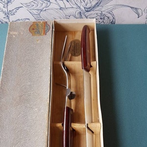 Vintage Sheffield Quality Carving Set-Richards Cutlers Ltd Sheffield England-Teak Handles-Serving Knife and Safety fork-Knife 32cms long