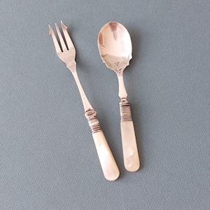 Vintage Mother of Pearl and Silver plated Jam  Spoon and Pickle Fork-Edwardian Serving  Cutlery-Approx. 17cms long