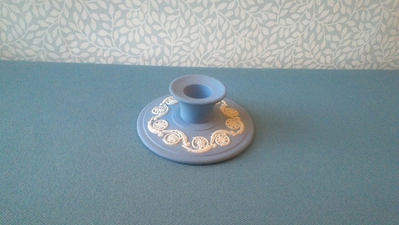 Vintage Wedgwood blue jasperware candlestick Made in England approx 10 cm diameter.