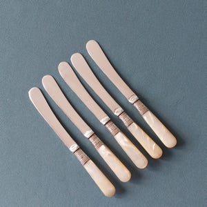 Set of Five Vintage Tea Cutlery-Silver Plated Blades- Mother of Pearl Handles-Edwardian Cutlery -15.5cms long