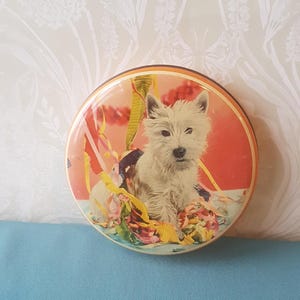 Old Vintage Round Sweet Tin -White Terrier- Hollands Toffee Tin Approx. 12cms diameter.