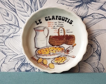 Small French flan dish-Individual size-Le Claufoutis Recipe-Colourful decoration of ingredients-Fine Porcelain-Made in France-11.5cms dia.
