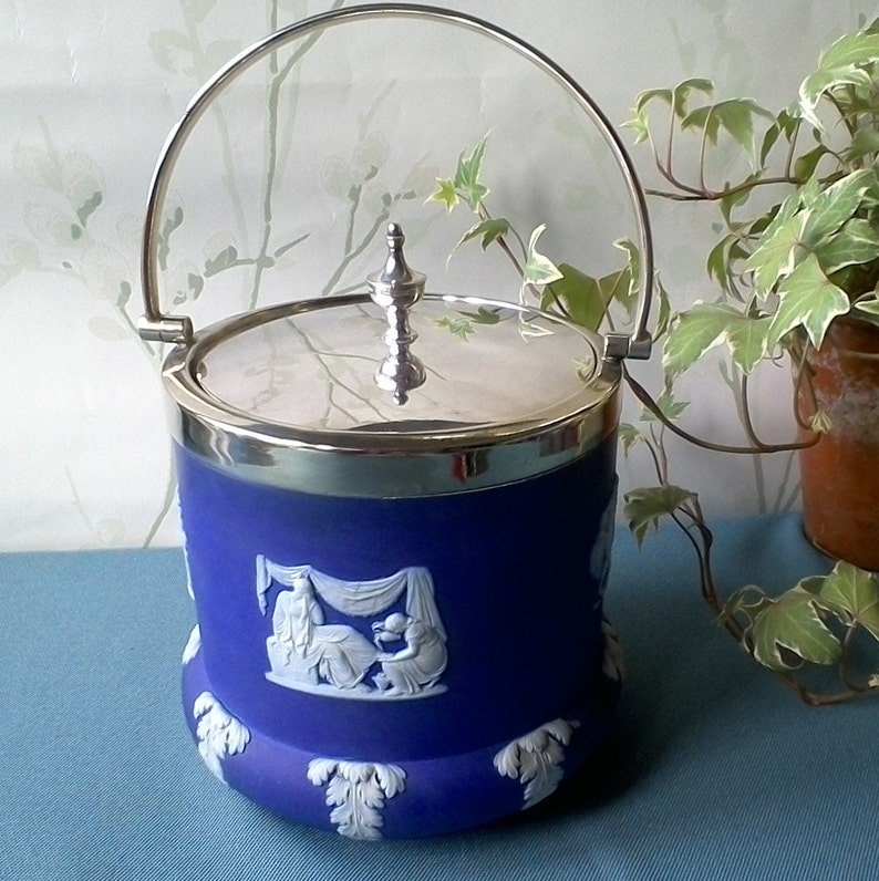 Antique Wedgwood Blue Jasperware Biscuit Barrel With Silver Etsy