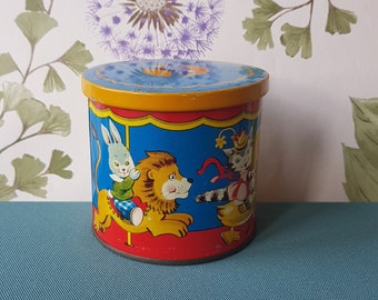 Vintage Bluebird toffee Tin - 1960/70's Lovely decoration - Fairground Ride- Colourful Toy animals on rides- 9cms tall,10cms diameter