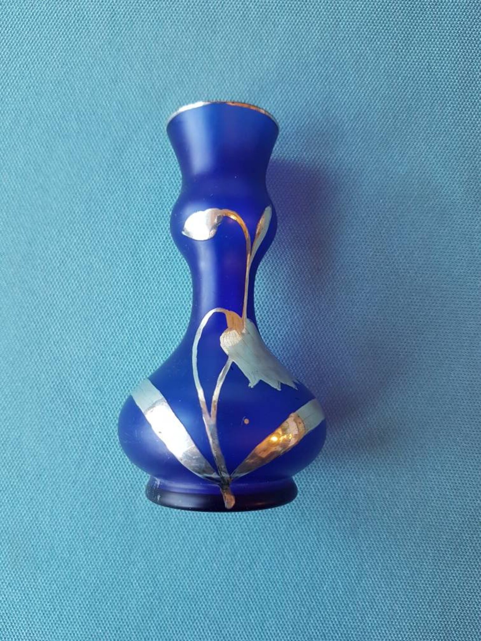 Vintage Blue glass vase overlaid with silver Painted with Etsy
