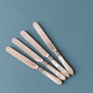 Set of Four Vintage Tea Cutlery-Silver Plated Blades engraved with Ivy leaves- Carved Mother of Pearl Handles-Edwardian Cutlery -21cms long
