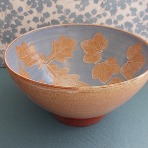 May include: A ceramic bowl with a light blue interior and a tan exterior. The bowl features a design of tan oak leaves. The bowl sits on a small, round, reddish-brown base. The background is a light blue floral pattern.