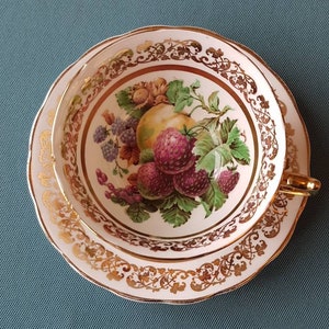 Vintage Ashley Fine Bone China Tea trio Fruitpatroon Geel met 22 kt gouden rand Fijn bone china-Gemaakt in Engeland afbeelding 7