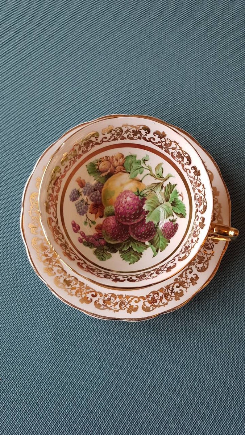 Vintage Ashley Fine Bone China Tea trio Fruitpatroon Geel met 22 kt gouden rand Fijn bone china-Gemaakt in Engeland afbeelding 7