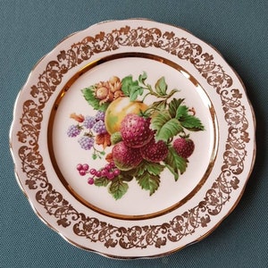 Vintage Ashley Fine Bone China Tea trio Fruitpatroon Geel met 22 kt gouden rand Fijn bone china-Gemaakt in Engeland afbeelding 6