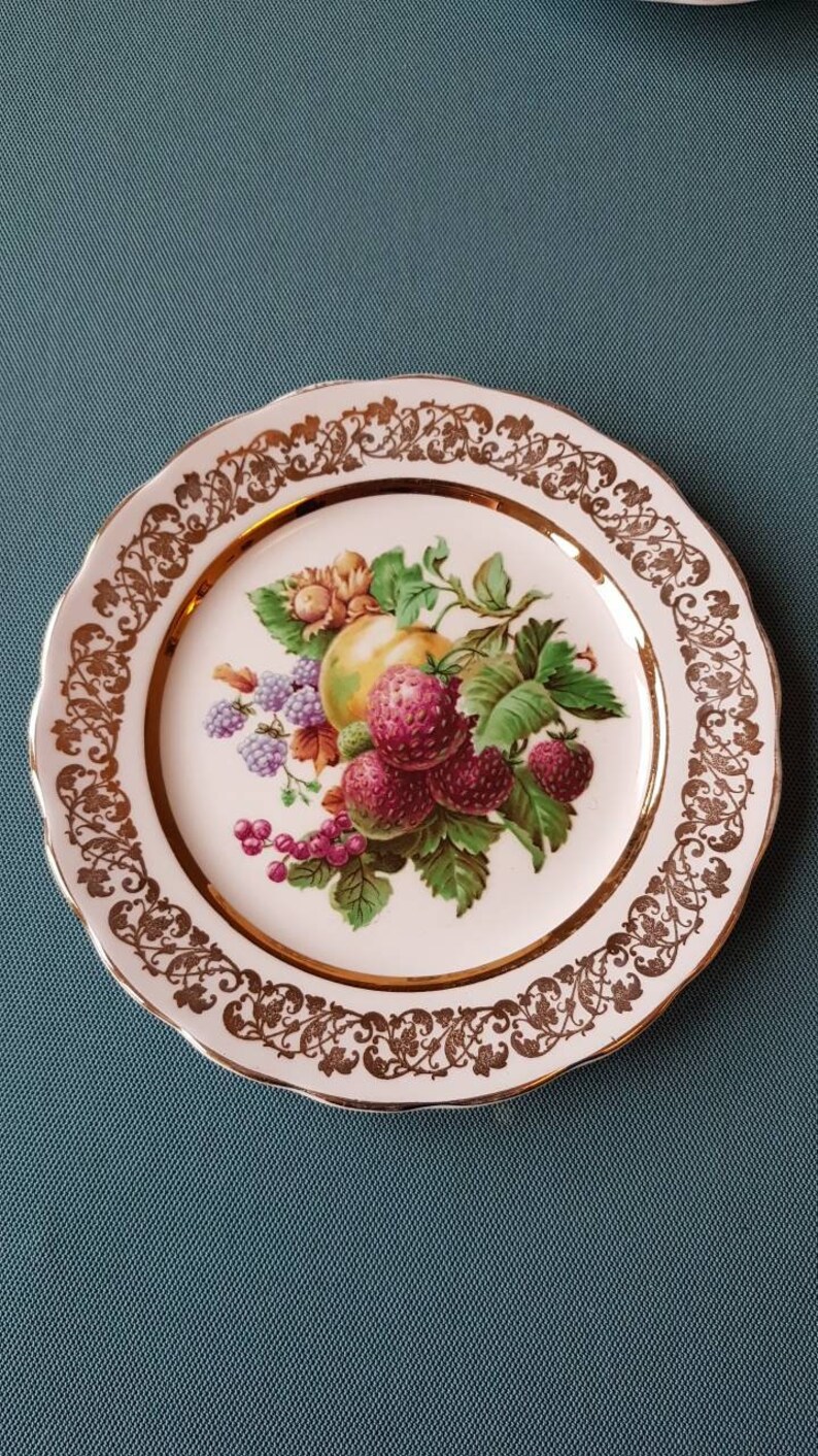 Vintage Ashley Fine Bone China Tea trio Fruitpatroon Geel met 22 kt gouden rand Fijn bone china-Gemaakt in Engeland afbeelding 6