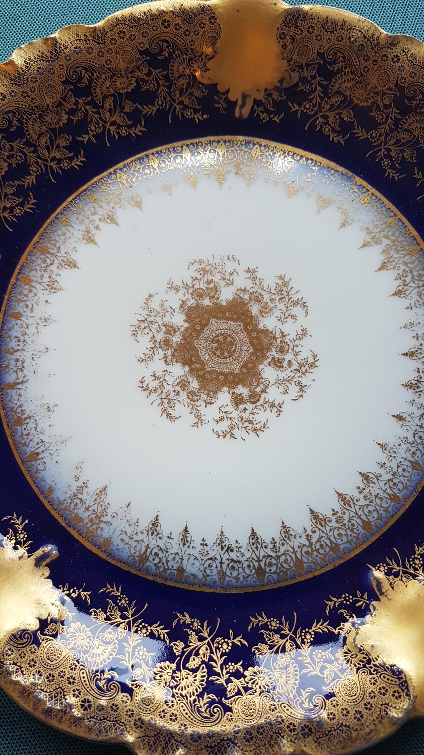 アンティーク リモージュ プレート - フランス製 - ダークブルーに金彩