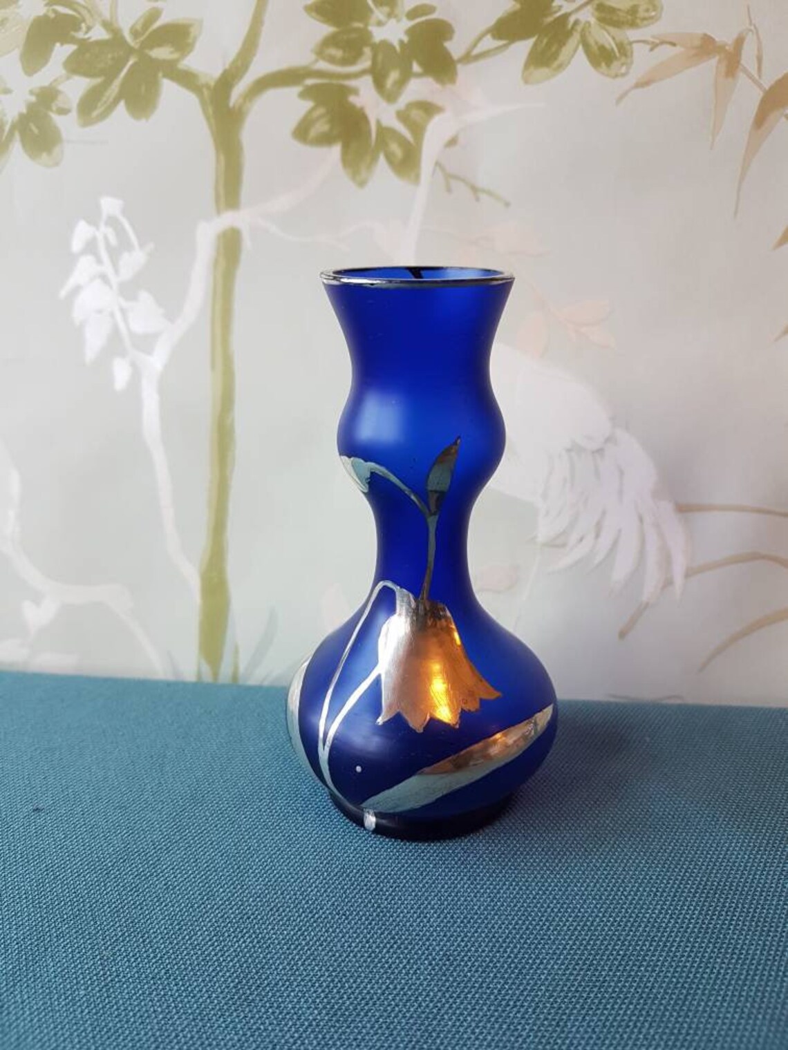 Vintage Blue glass vase overlaid with silver Painted with Etsy