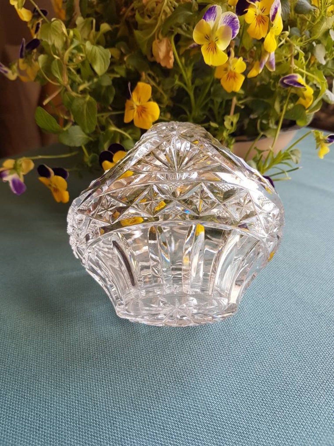 Small Heavy Vintage Cut Glass Basket Intricate Design All Etsy