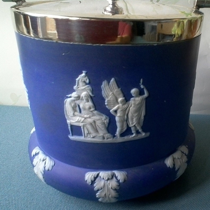 Antique Wedgwood Blue Jasperware Biscuit Barrel With Silver Etsy