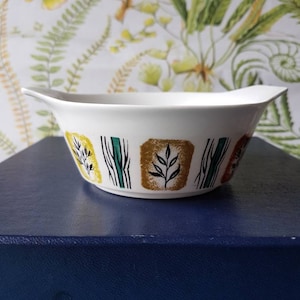 May include: White ceramic bowl with a stylized floral design in shades of green, yellow, and brown. The bowl has a rounded shape with a slightly flared rim.