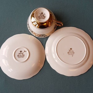 Vintage Ashley Fine Bone China Tea trio Fruitpatroon Geel met 22 kt gouden rand Fijn bone china-Gemaakt in Engeland afbeelding 5