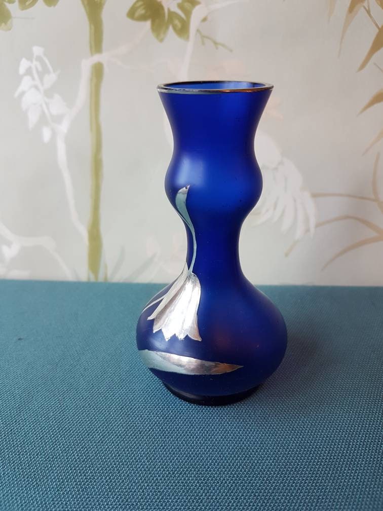 Vintage Blue glass vase overlaid with silver Painted with Etsy