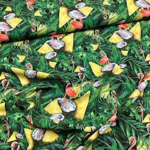 Boardshort woven fabric, slightly elastic for sewing swim shorts, boardshorts etc. - Pineapples with flamingos with jungle leaves