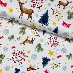 Jersey Knit fabric | Winter theme | Reindeer and winter elements on white | Sold by half meter