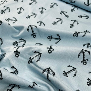 Organic Jersey knit fabric | Anchors on sky blue | Soft and stretchy cotton knit | Sold by half meter